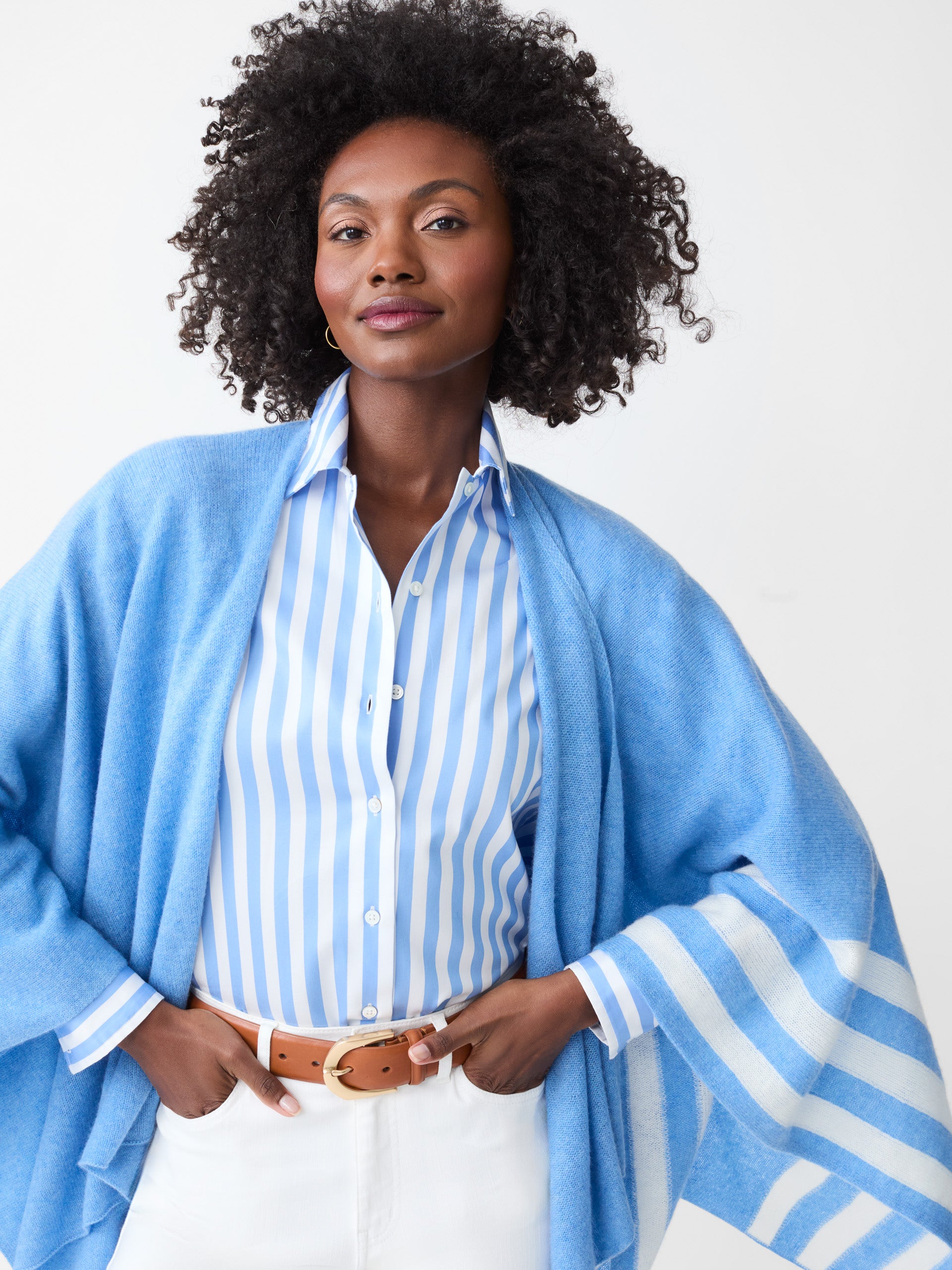 J.McLaughlin Veronique shawl in medium blue/off white made with Cashmere.
