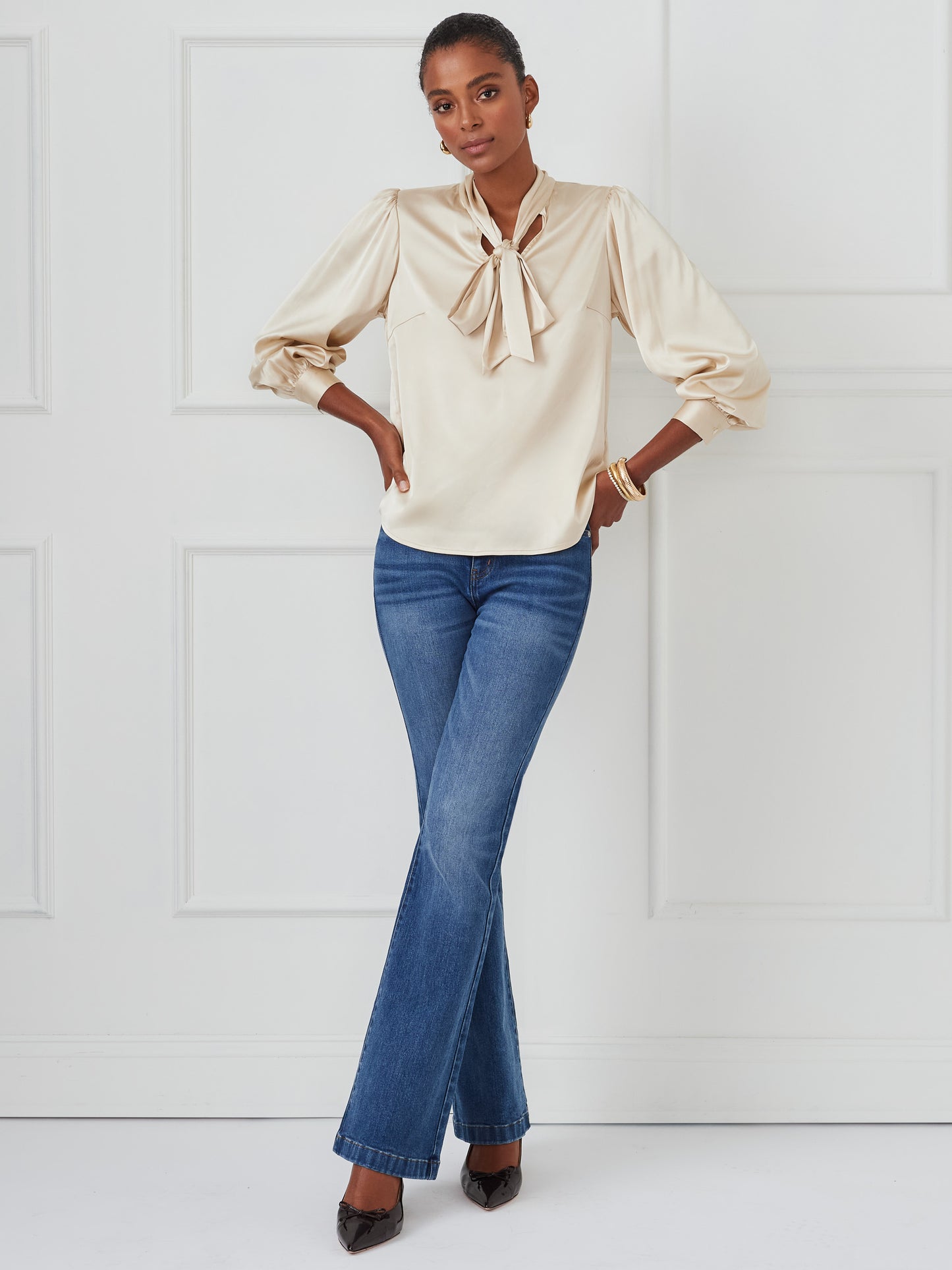 J.McLaughlin Vienna top in champagne made with polyester.