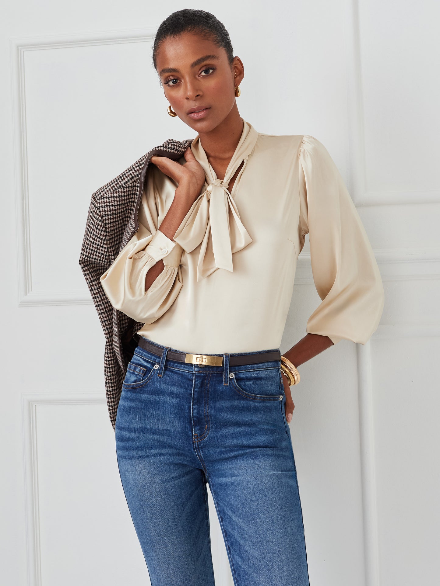 J.McLaughlin Vienna top in champagne made with polyester.