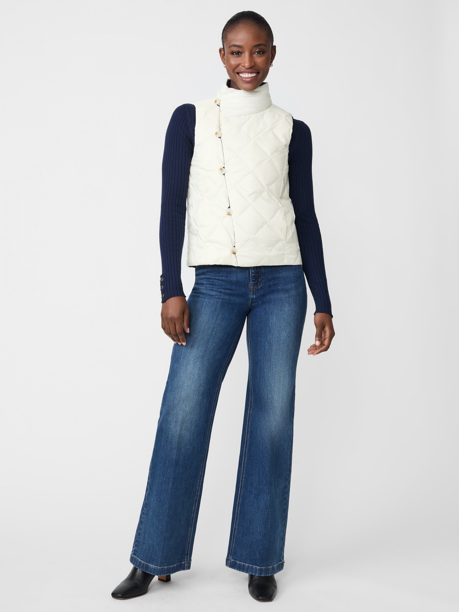 J.McLaughlin Vivian reversible vest in dark navy/egret white made with nylon.