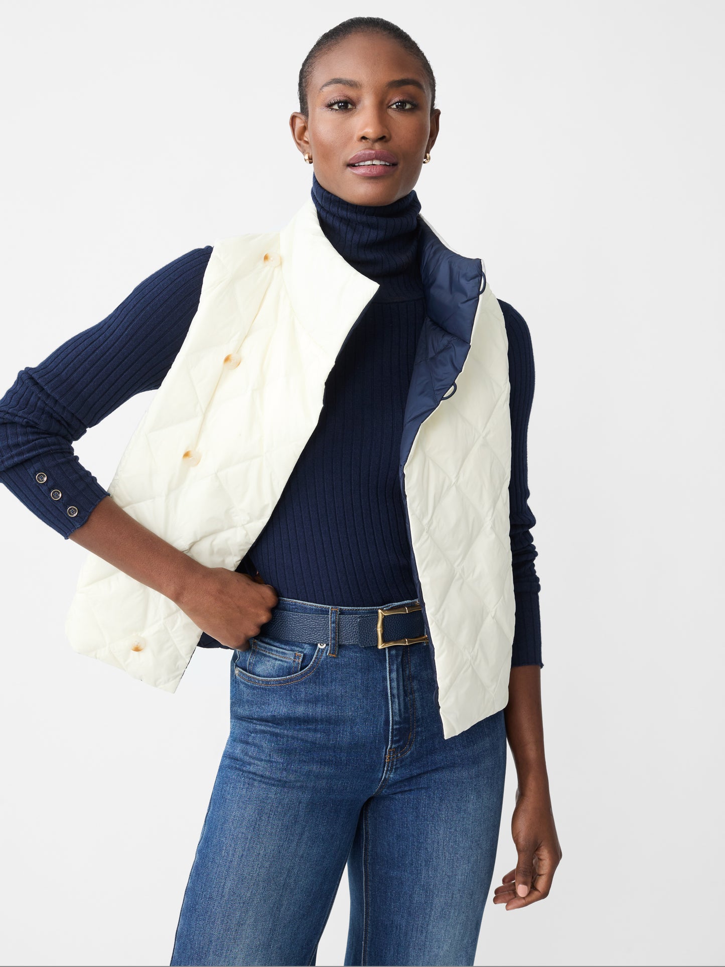 J.McLaughlin Vivian reversible vest in dark navy/egret white made with nylon.