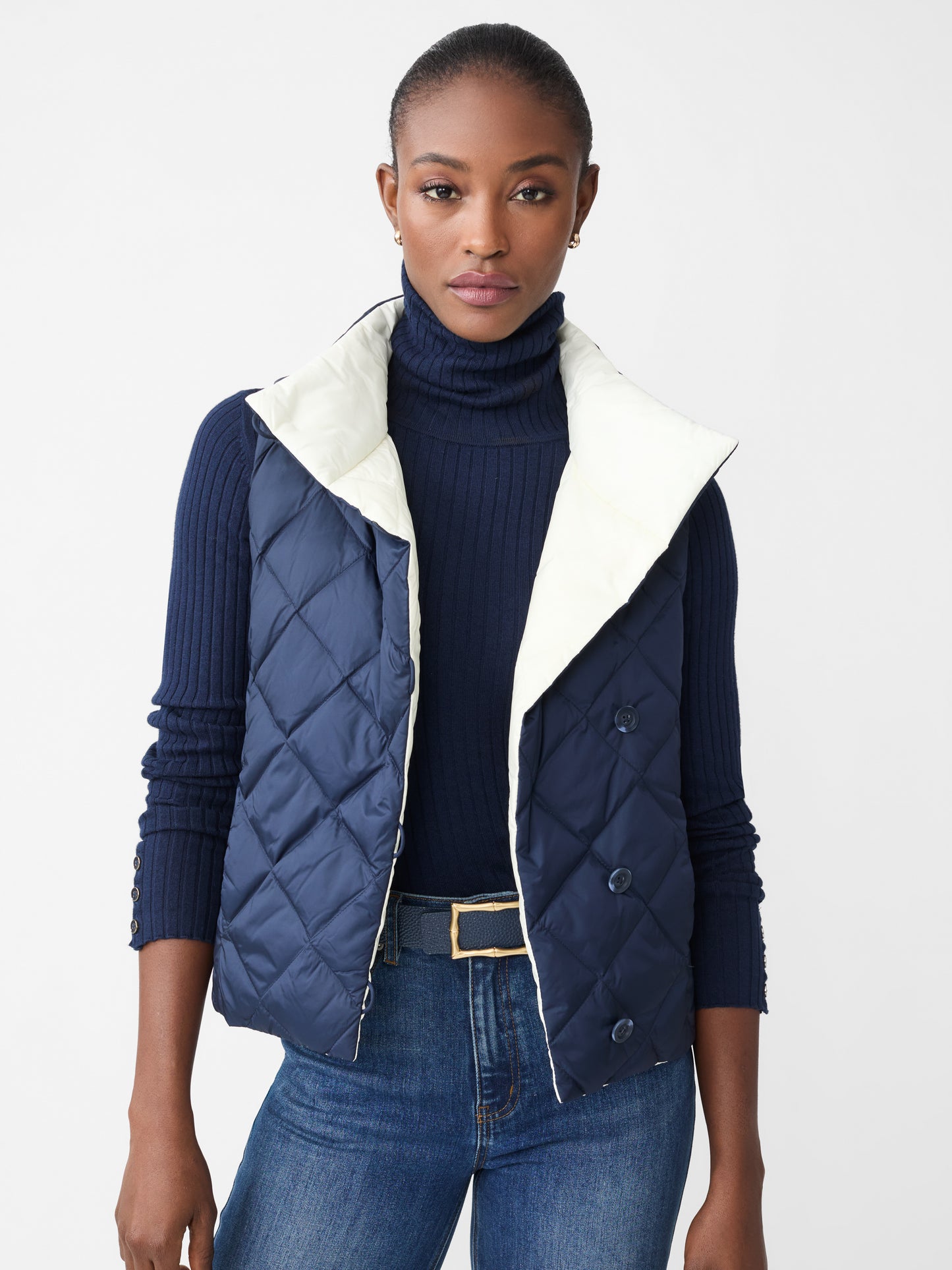 J.McLaughlin Vivian reversible vest in dark navy/egret white made with nylon.