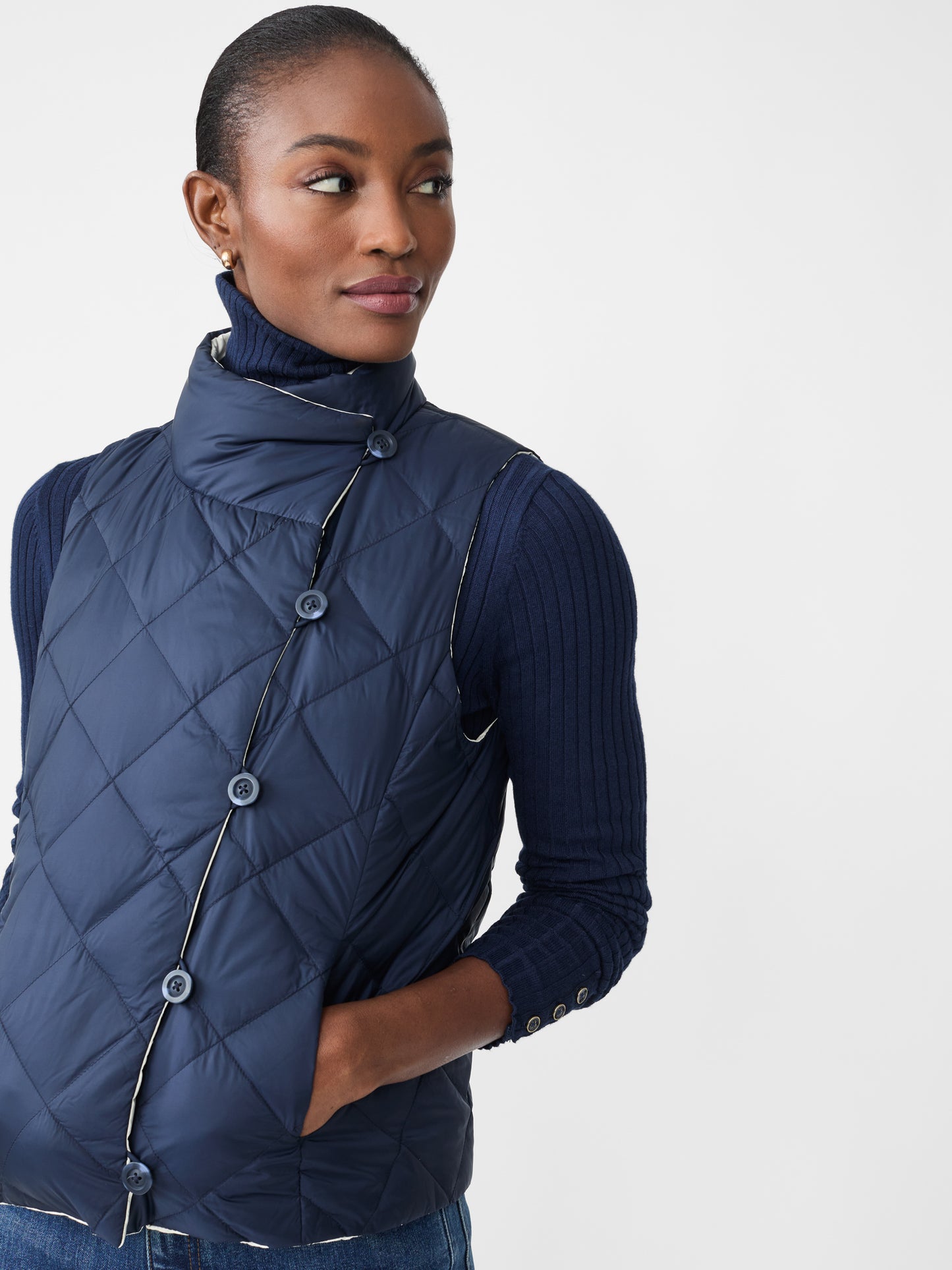 J.McLaughlin Vivian reversible vest in dark navy/egret white made with nylon.