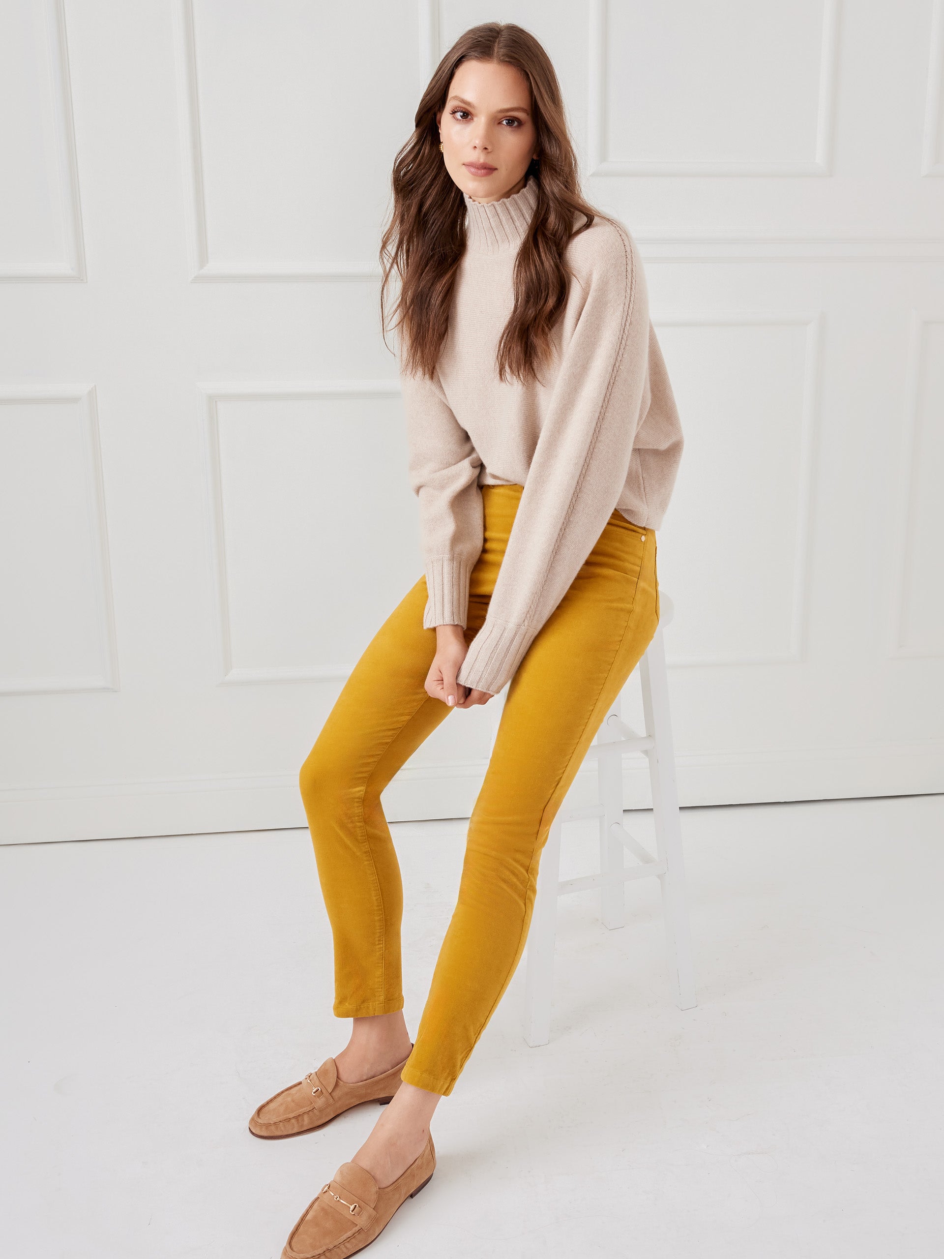 J.McLaughlin Watson jeans in ceylon chartreuse made with velvet.