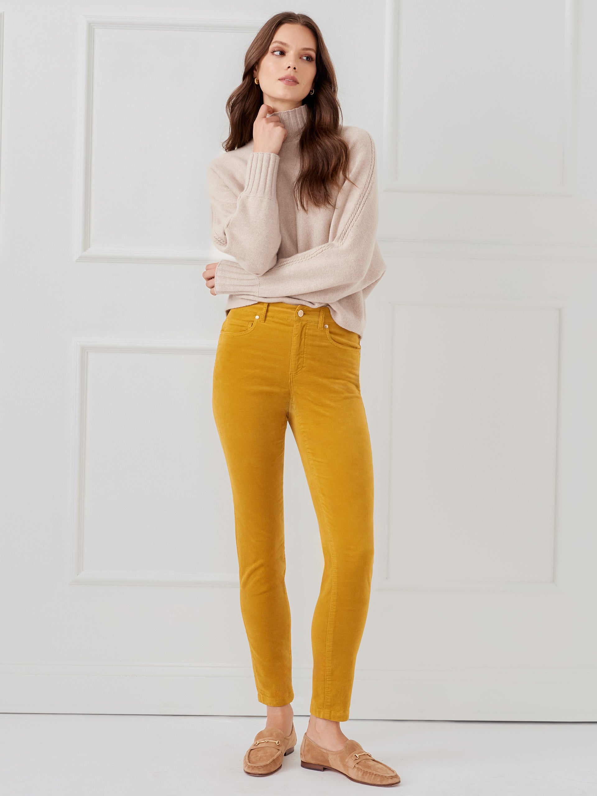 J.McLaughlin Watson jeans in ceylon chartreuse made with velvet.
