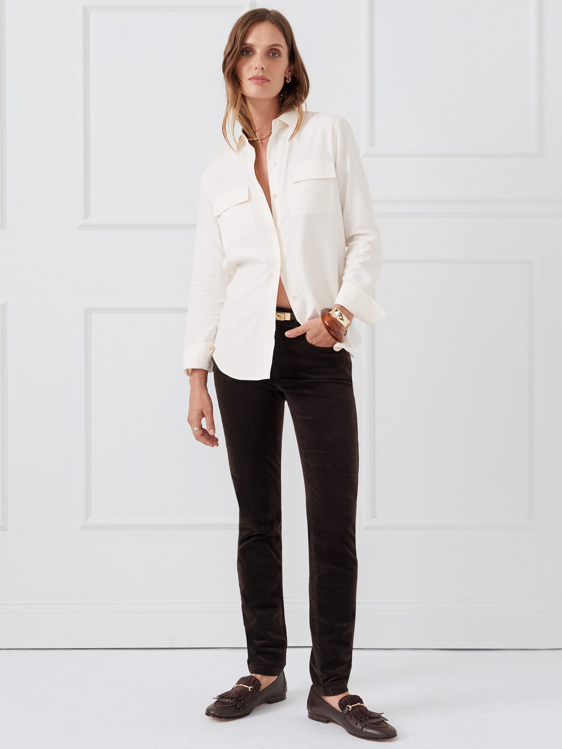  J.McLaughlin Watson jeans in dark chocolate made with velveteen.