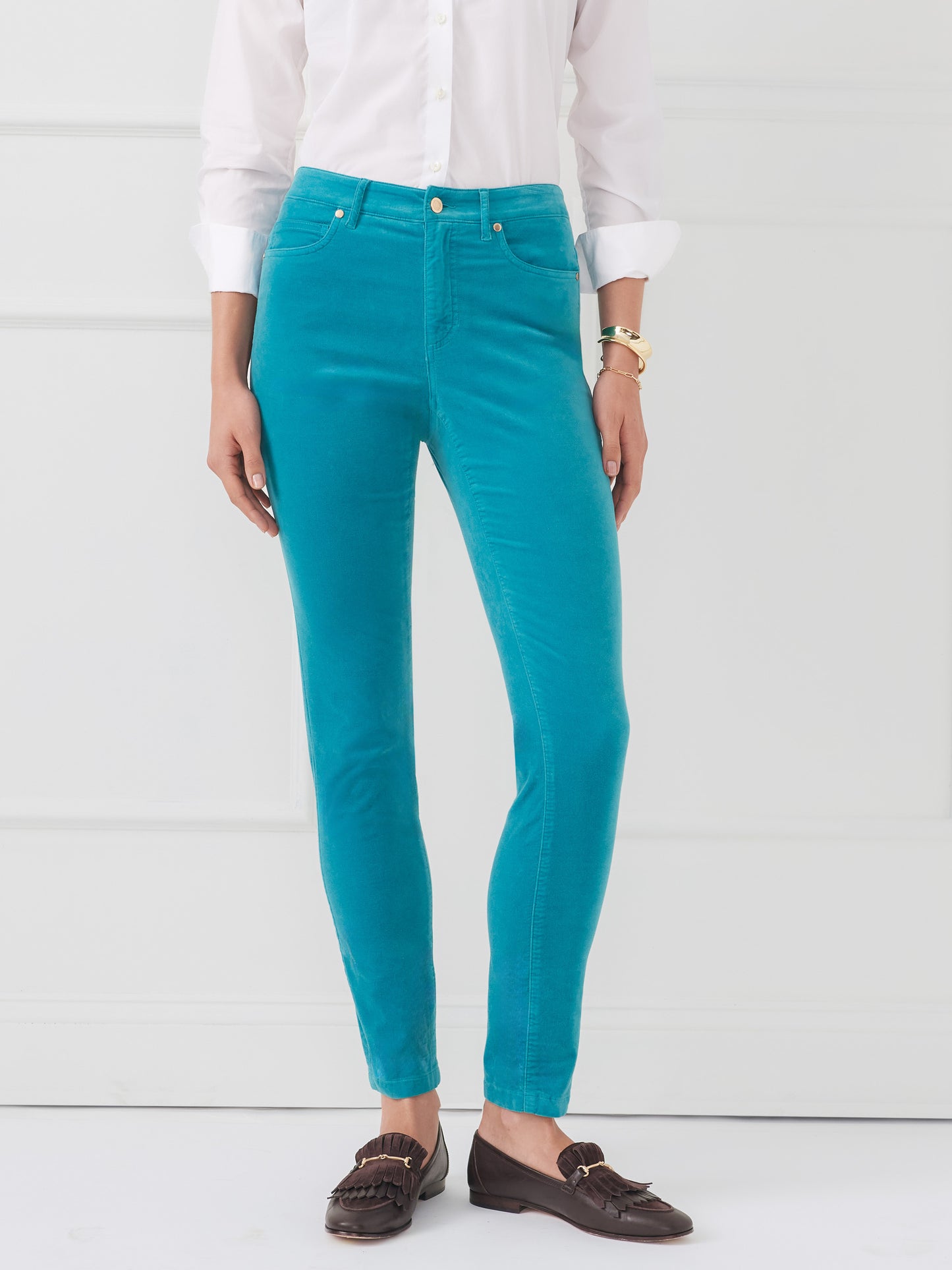 J.McLaughlin Watson jeans in teal made with velvet.