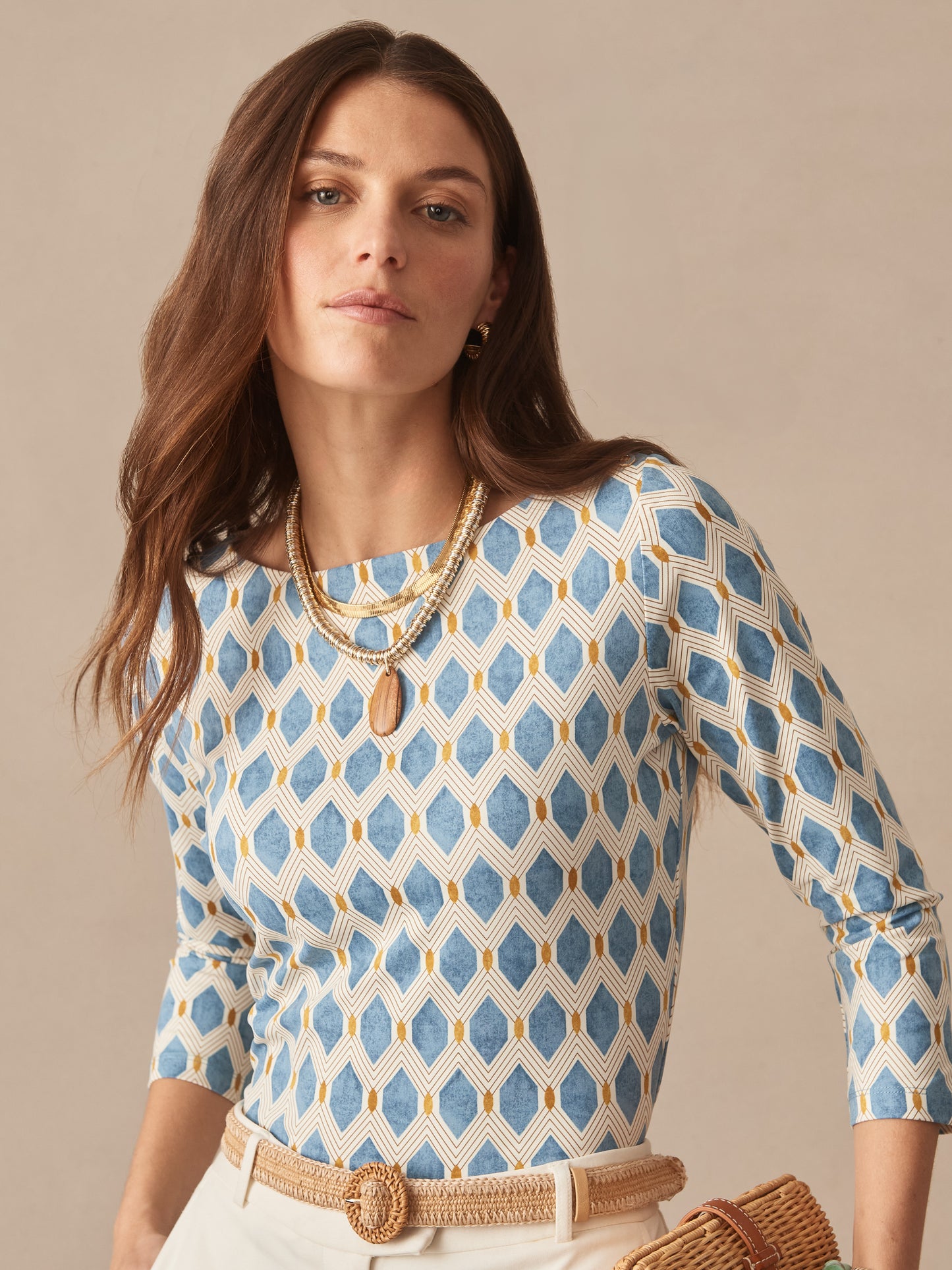 J.McLaughlin Wavesong in light blue/gold made with catalina cloth. 