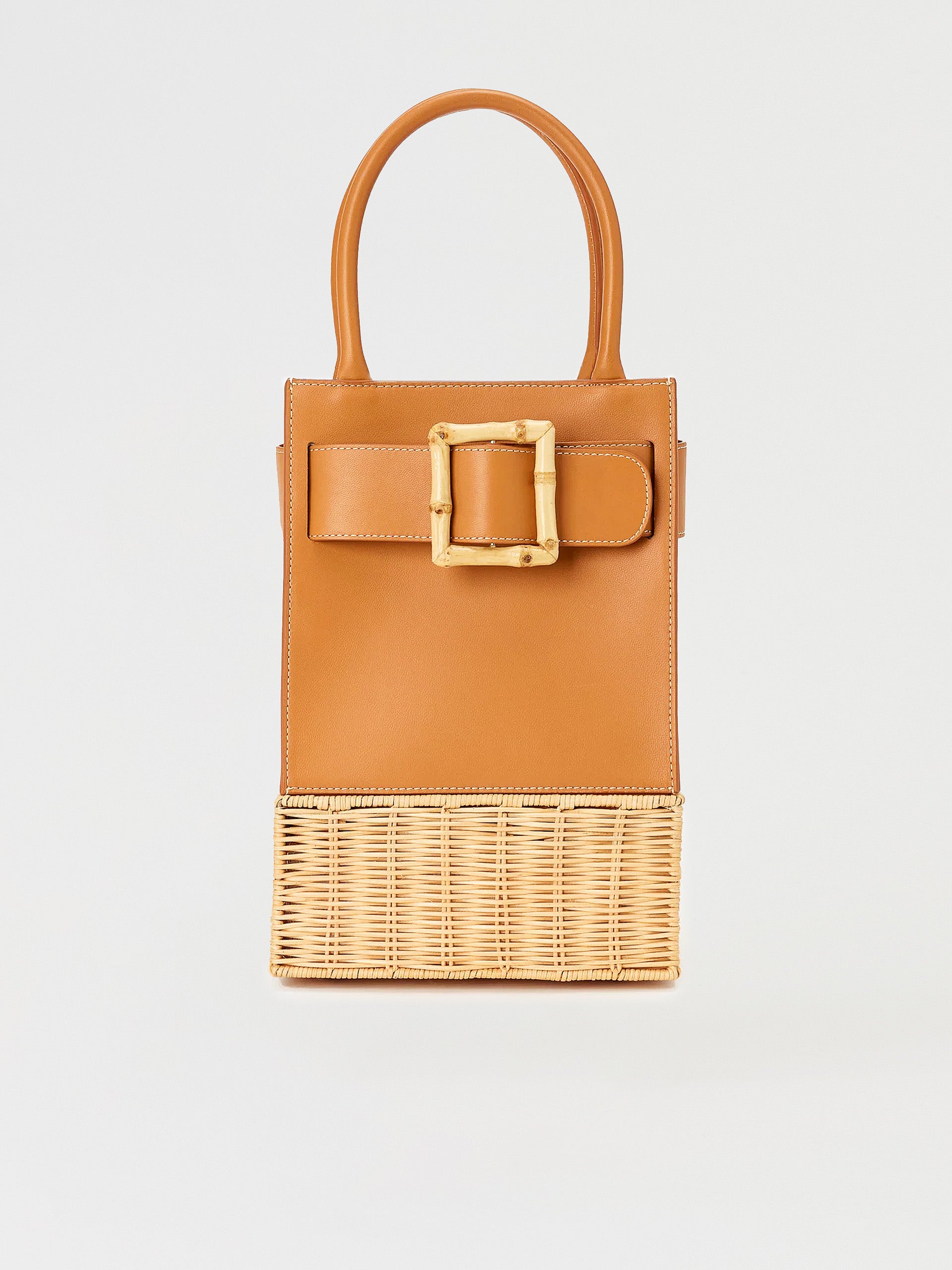 J.McLaughlin Avenue handbag in brown/natural made with wicker and leather.