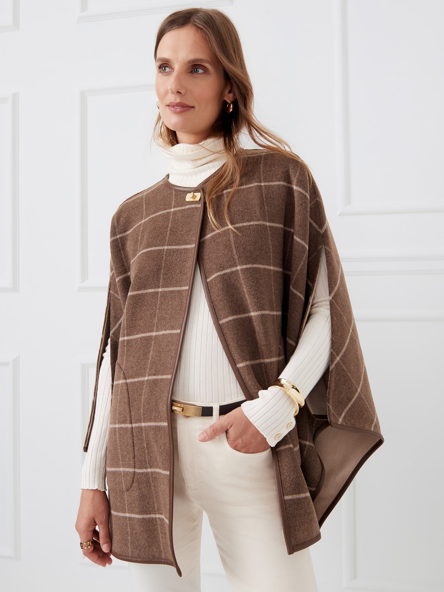 J.McLaughlin Winifred wrap in brown/cream made with wool.