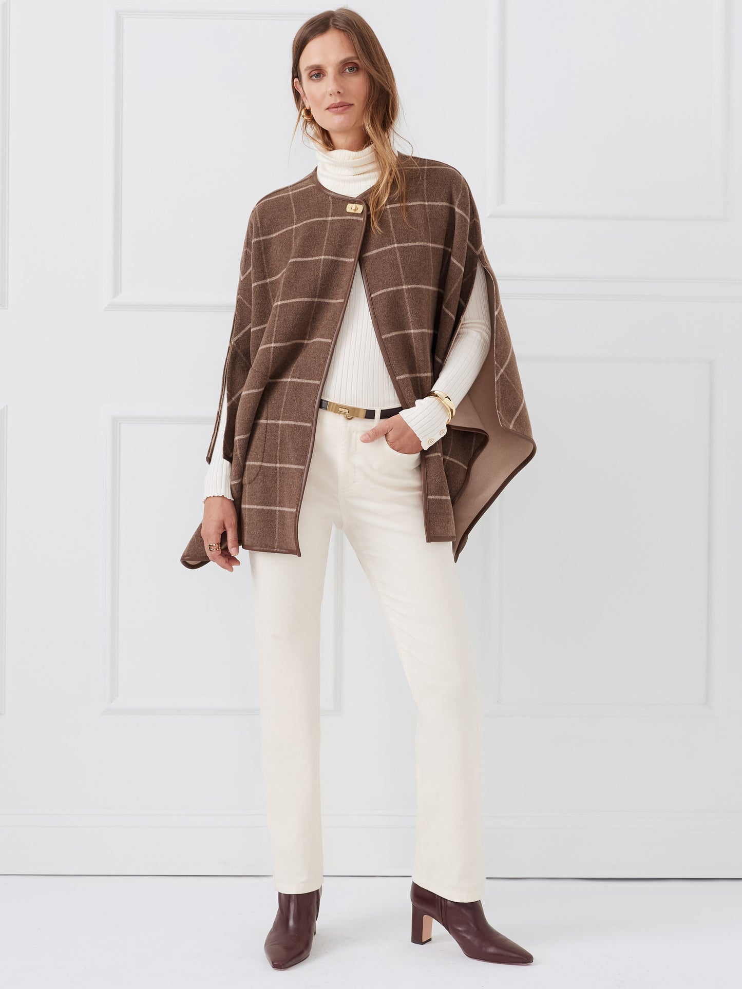 J.McLaughlin Winifred wrap in brown/cream made with wool.