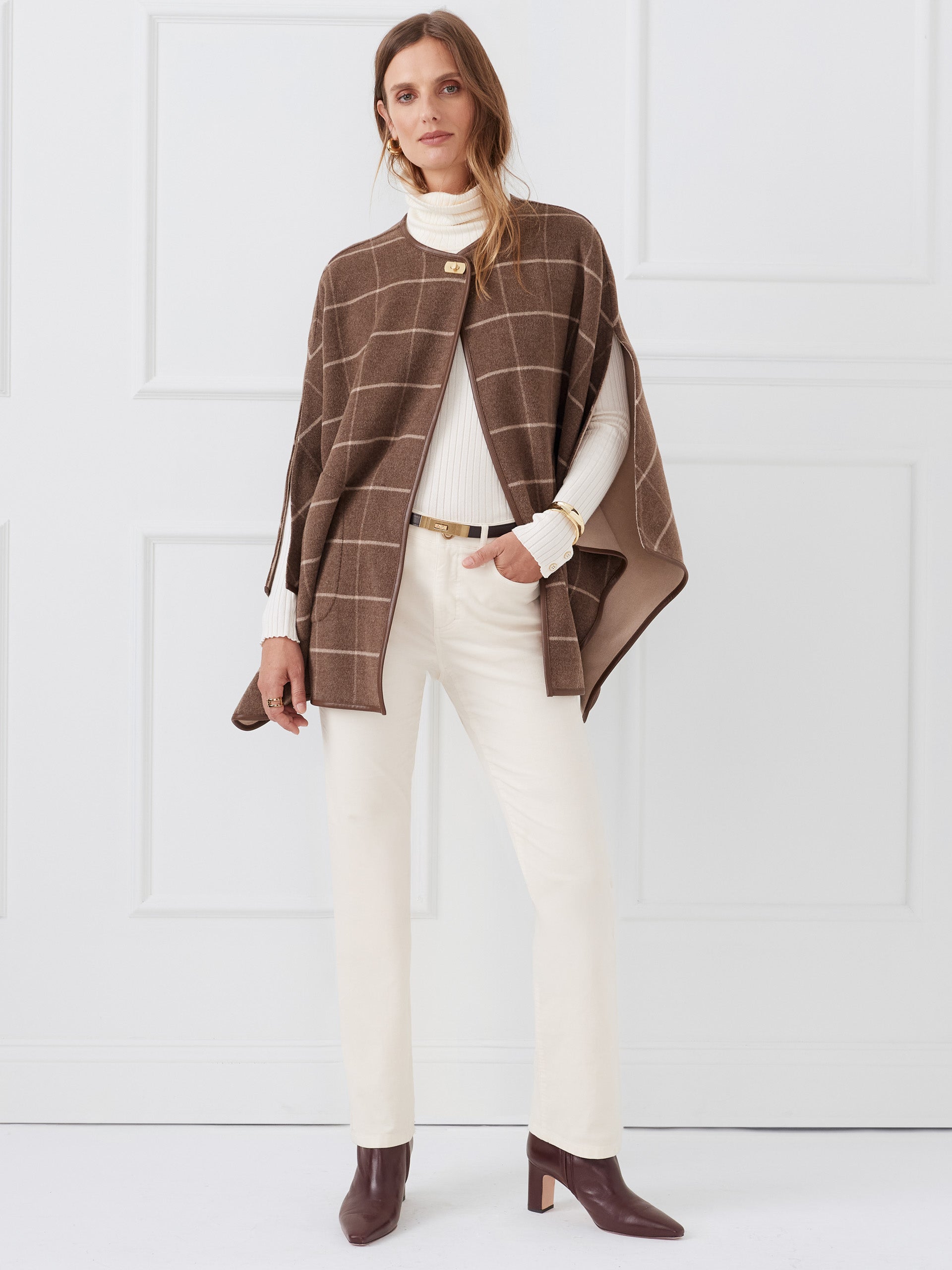 J.McLaughlin Winifred wrap in brown/cream made with wool.