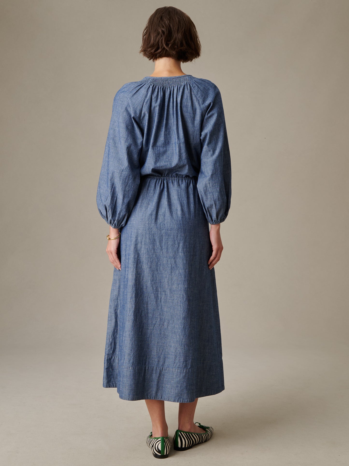 Woman wearing a long-sleeve, ankle-length Winslet Chambray Dress by J.McLaughlin, featuring a relaxed fit and gathered waist in a timeless chambray fabric.