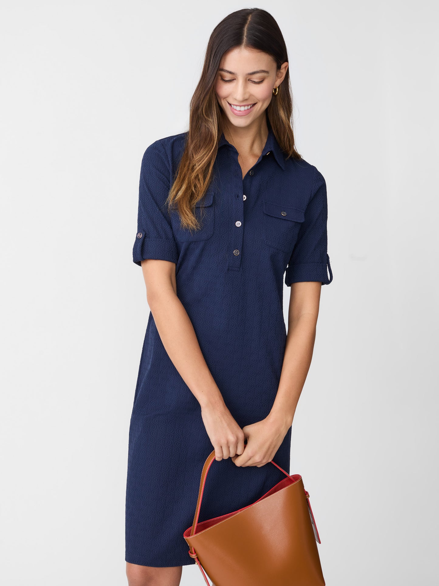 J.McLaughlin Yolanda dress in navy made with Catalina cloth.