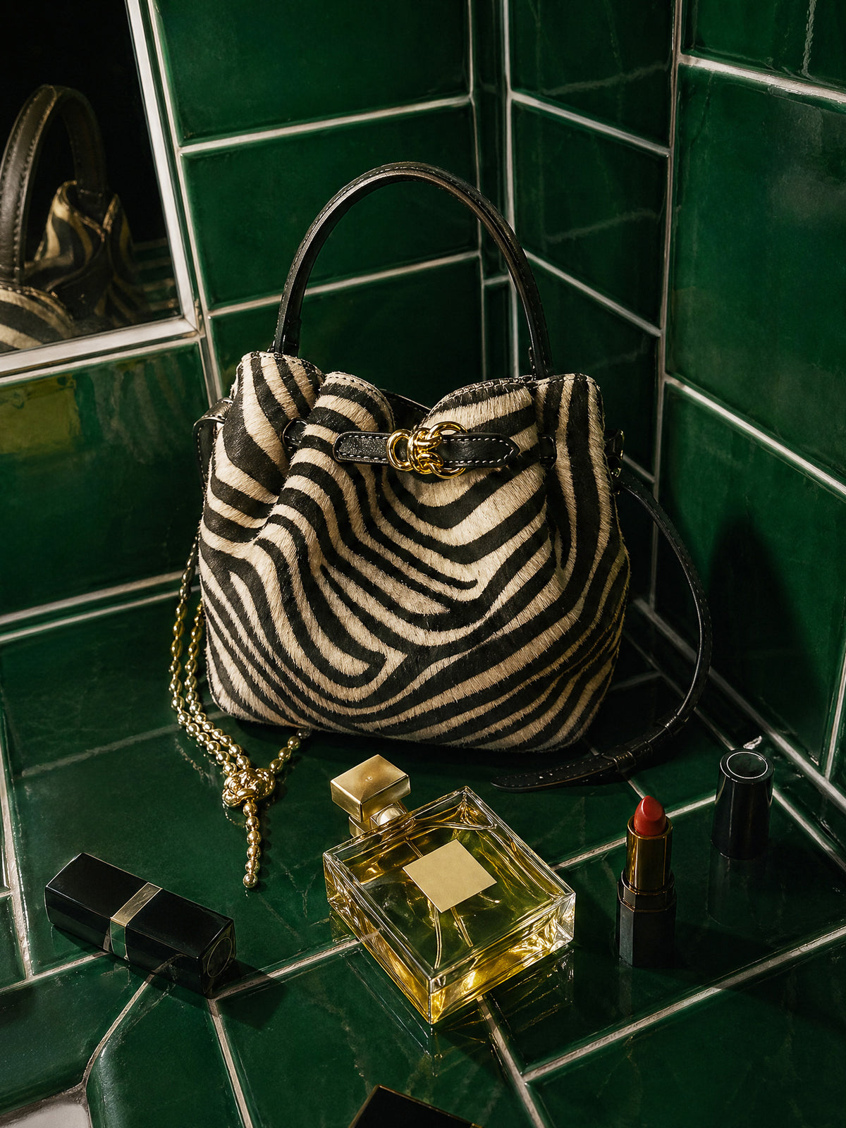 The Mini Lex Pony Hair Handbag in Zebra Stripes by J.McLaughlin displayed on green tiles with gold chain, perfume bottle, and red lipstick, showcasing timeless, stylish design.